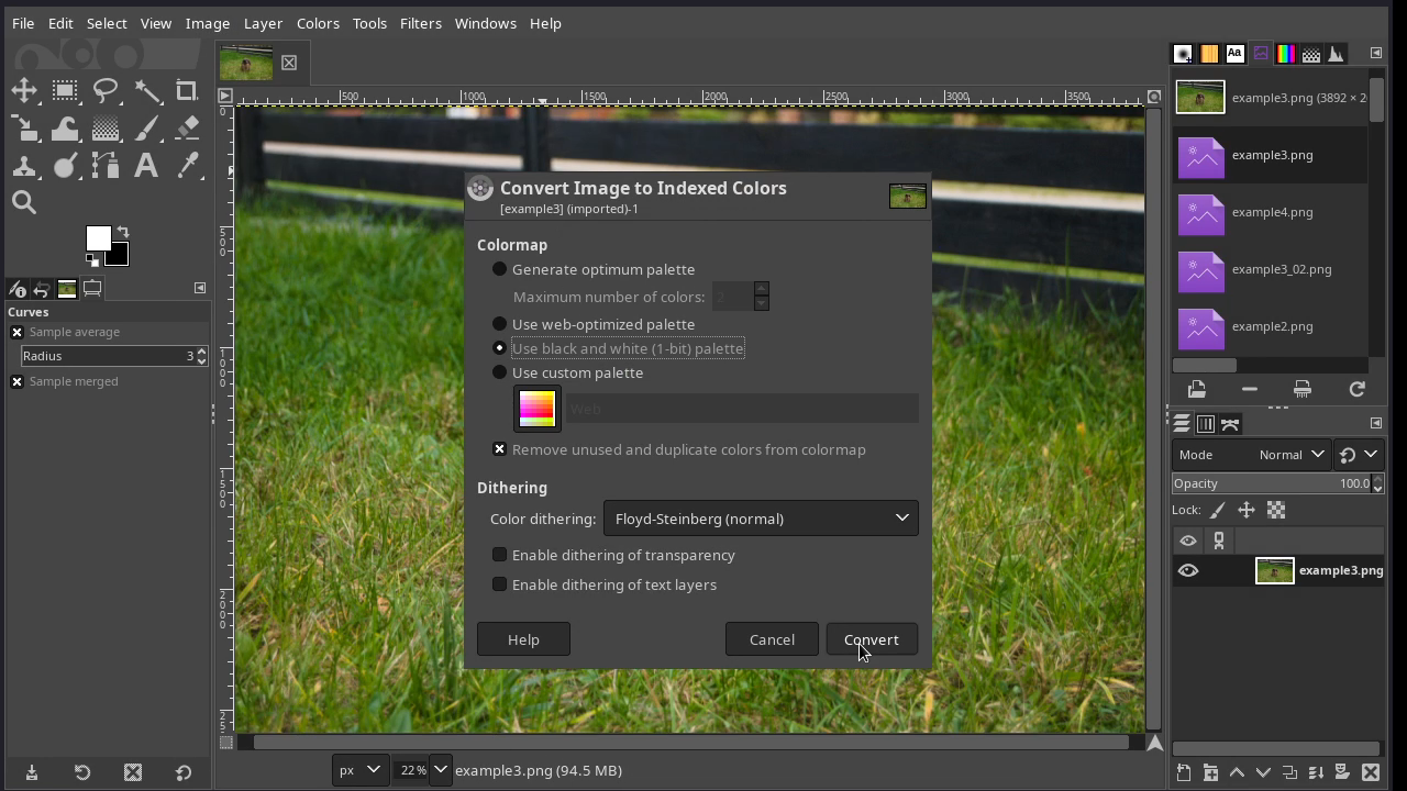 A window with a title of “Convert Image to Indexed Colors”
