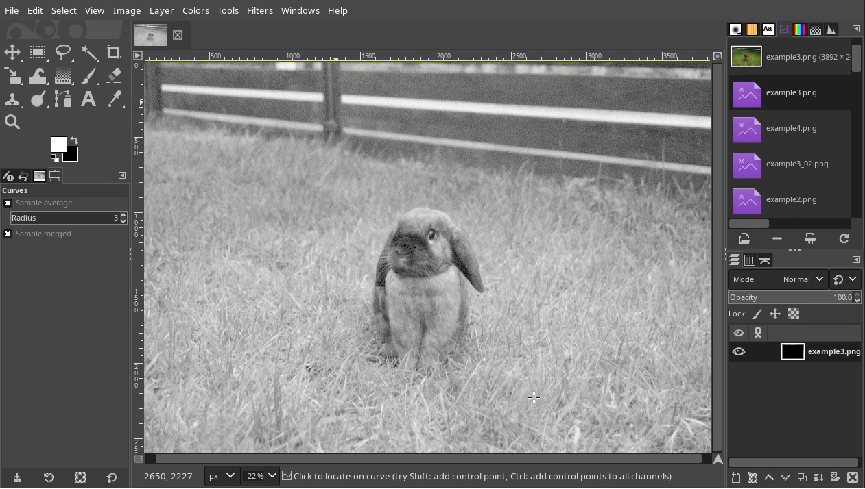 Main window opened with a bunny on grass, but with reduced colors.